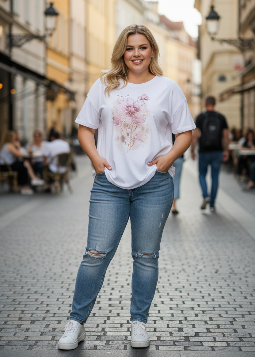 T-Shirt "Flora" weiss/rosa/beige/gold Oversize (44-48)
