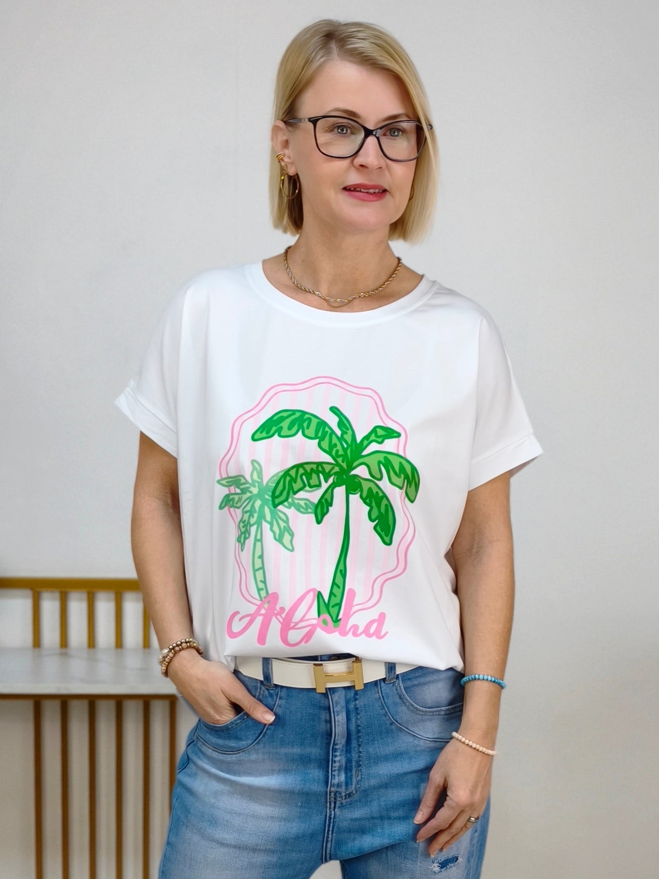 T-Shirt "Aloha" weiss/rosa (36-42/44)