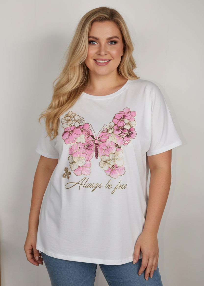 T-Shirt "Schmetterling" weiss/rosa/beige/gold Oversize (44-48)