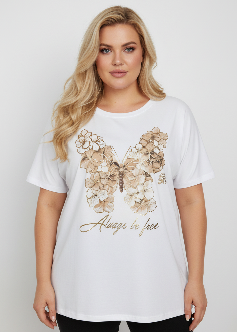 T-Shirt "Schmetterling" weiss/beige/gold Oversize (44-48)