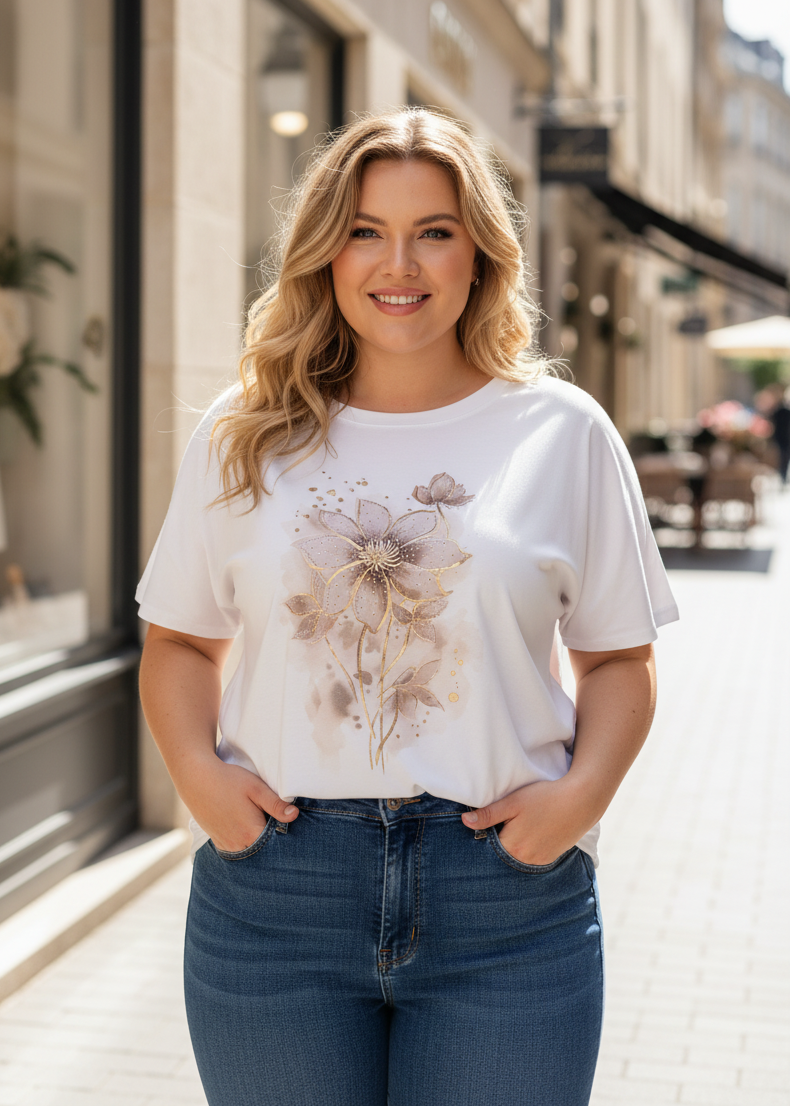 T-Shirt "Flora" weiss/beige/gold Oversize (44-48)