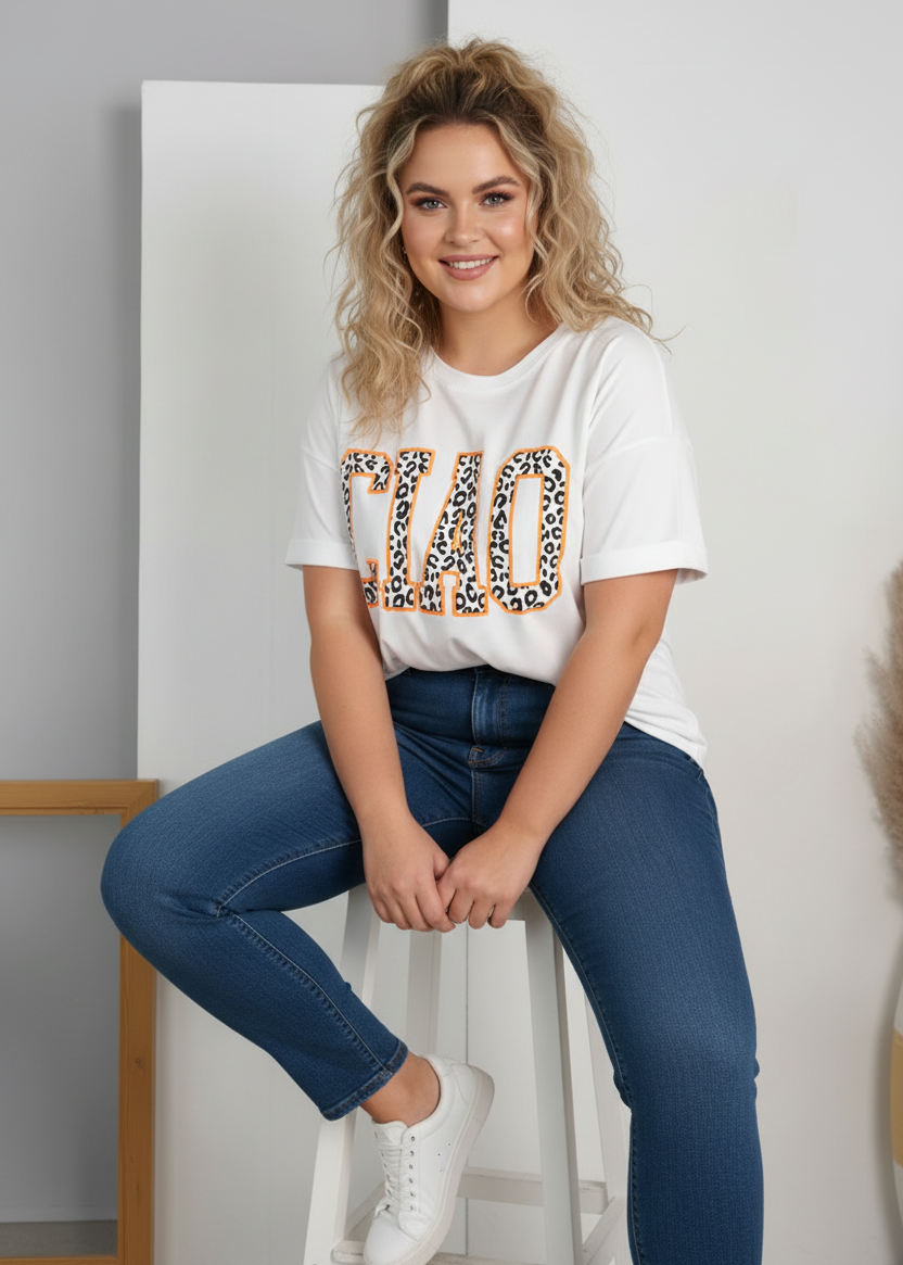 T-Shirt "Ciao" weiss/orange Oversize (44-48)