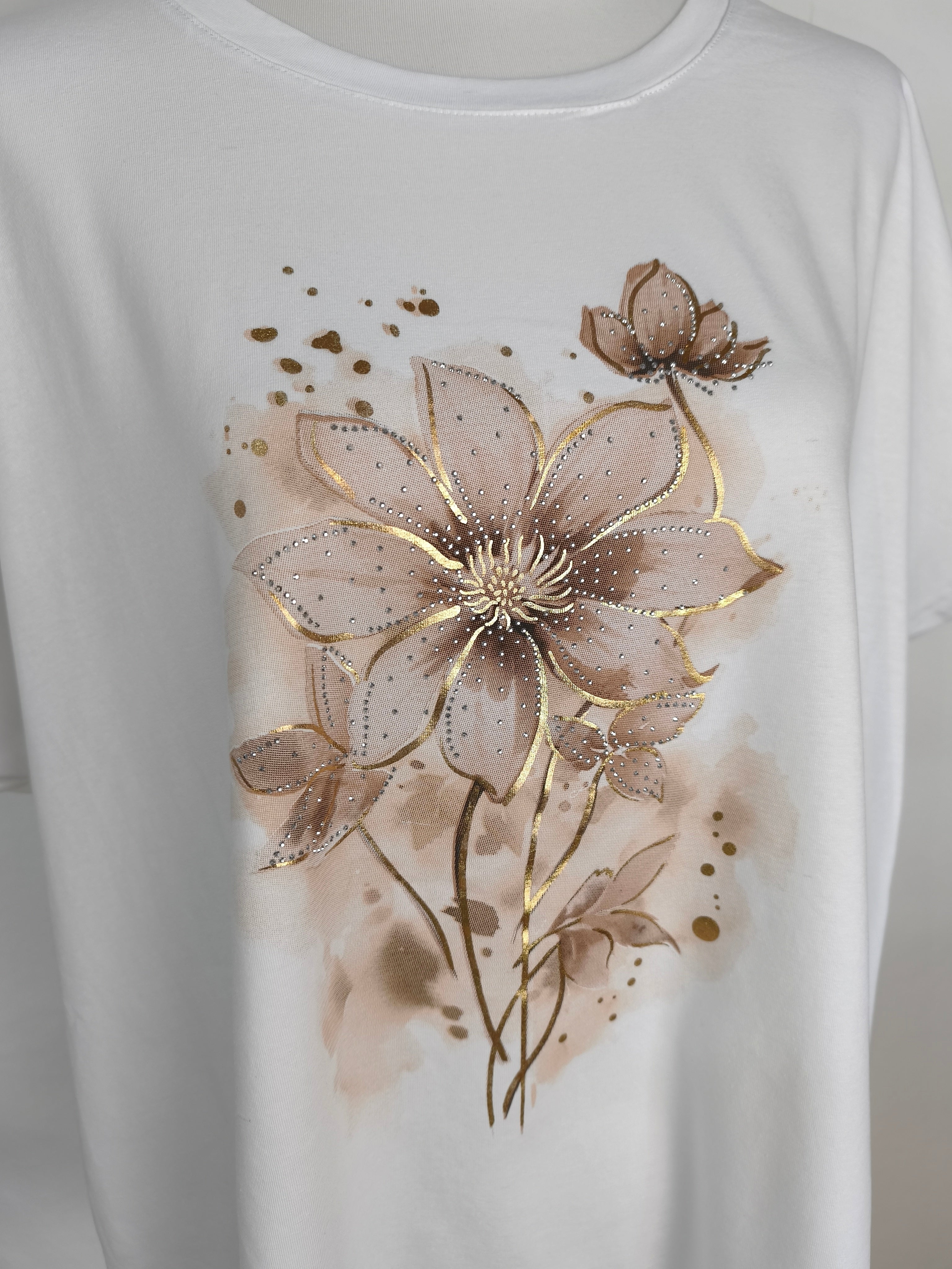 T-Shirt "Flora" weiss/beige/gold Oversize (44-48)