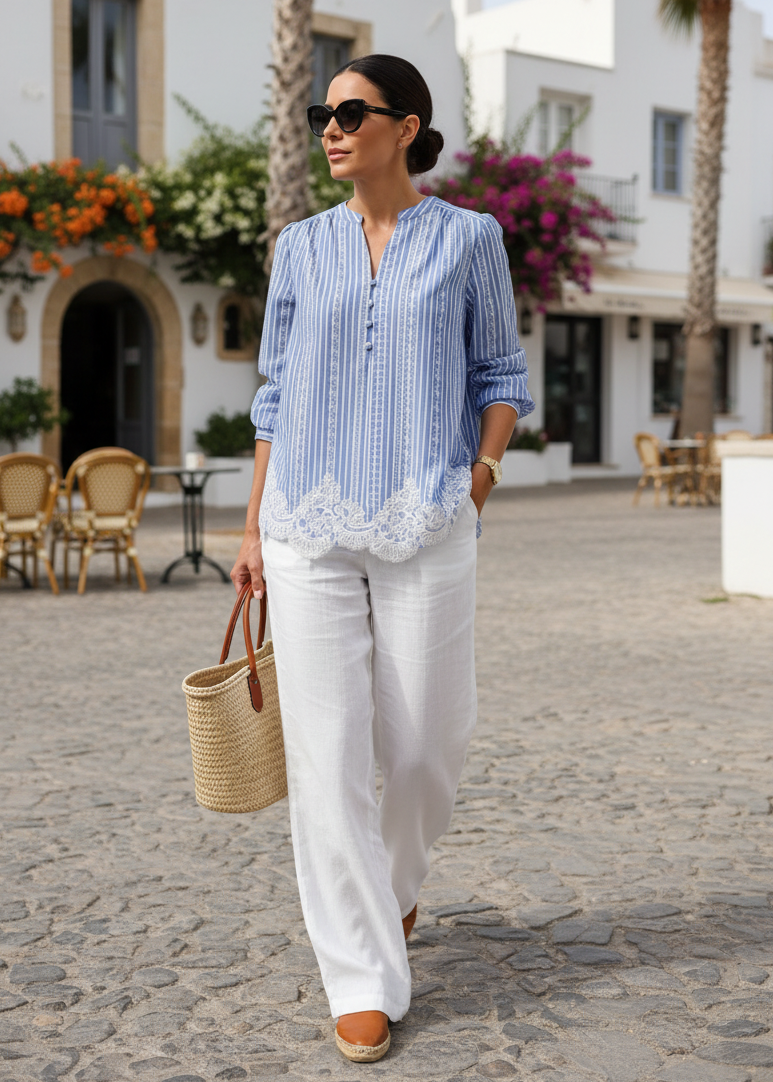 Gestreifte Bluse mit Spitzenbordüre blau/weiss (38-42)