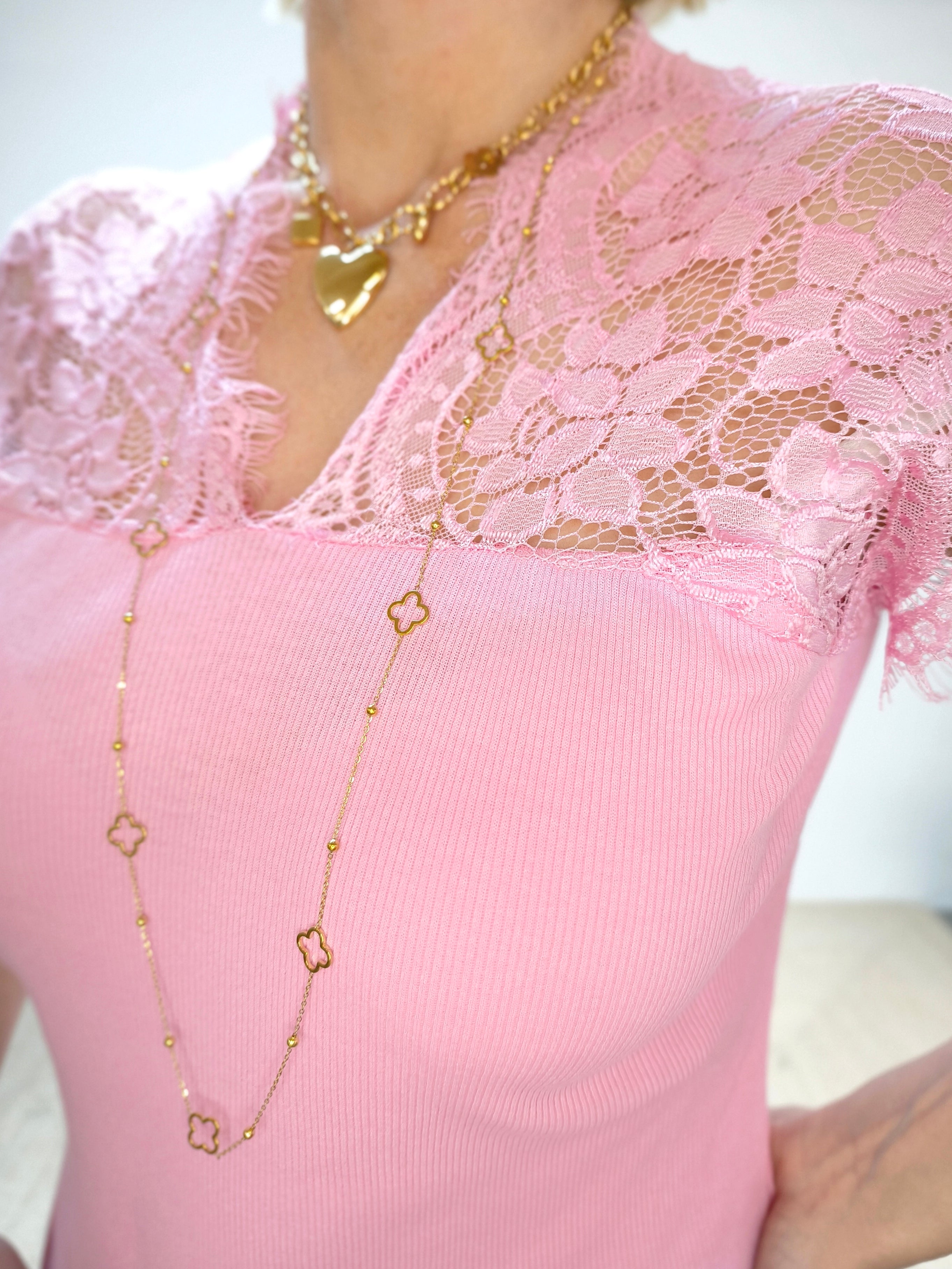Feines Ripp - Shirt mit Spitze rosa (36-42)