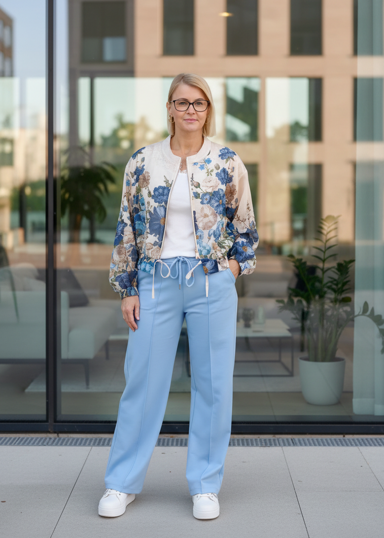 Bedruckte Kurzjacke "Flower" Creme/Blau (36-42)