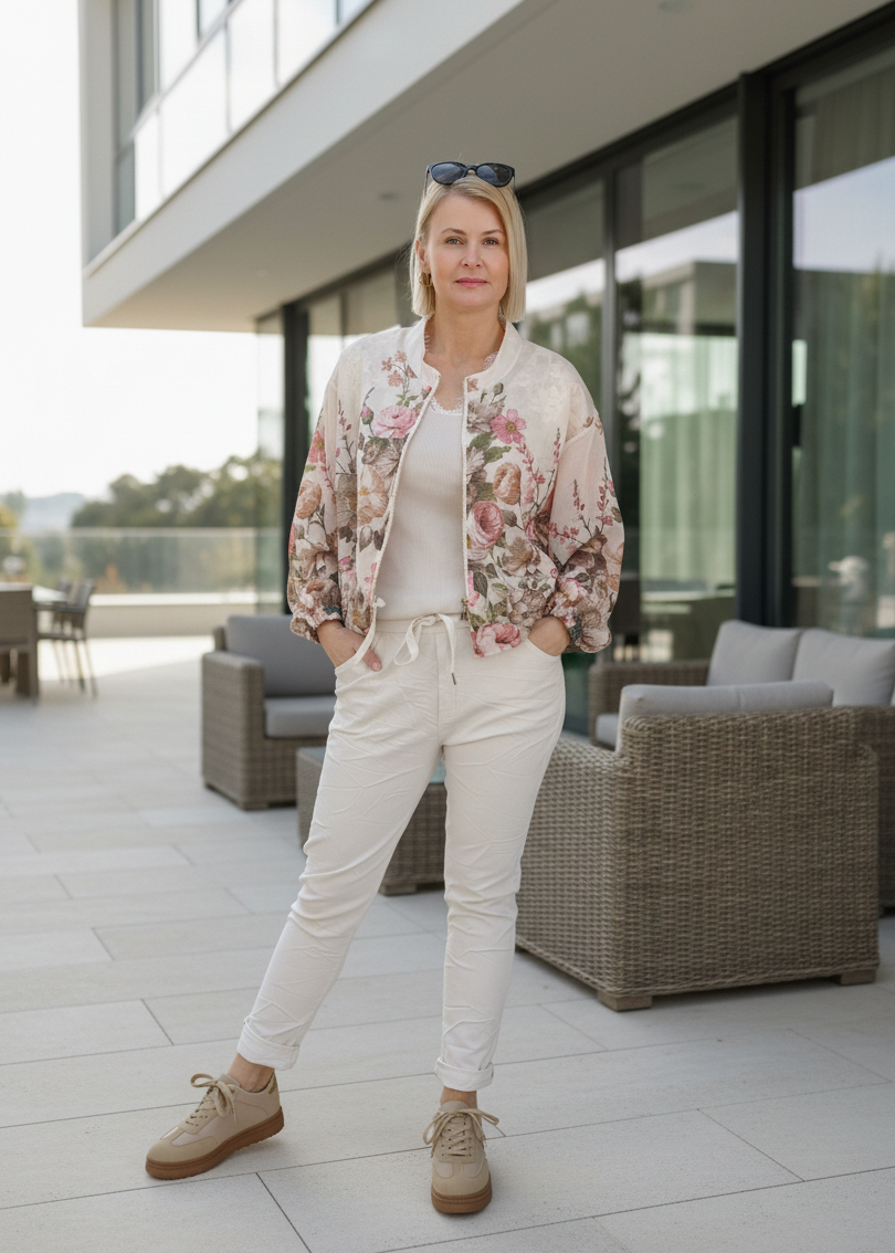 Bedruckte Kurzjacke "Flower" Creme/Rosa (36-42)