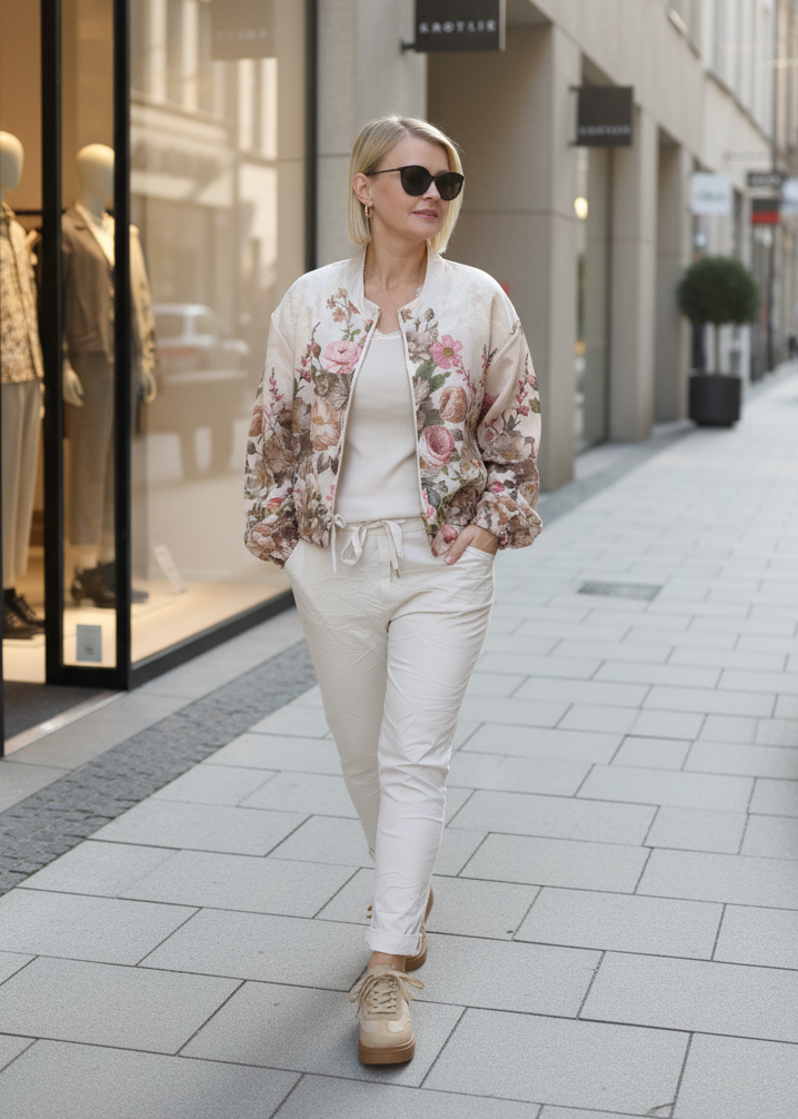 Bedruckte Kurzjacke "Flower" Creme/Rosa (36-42)