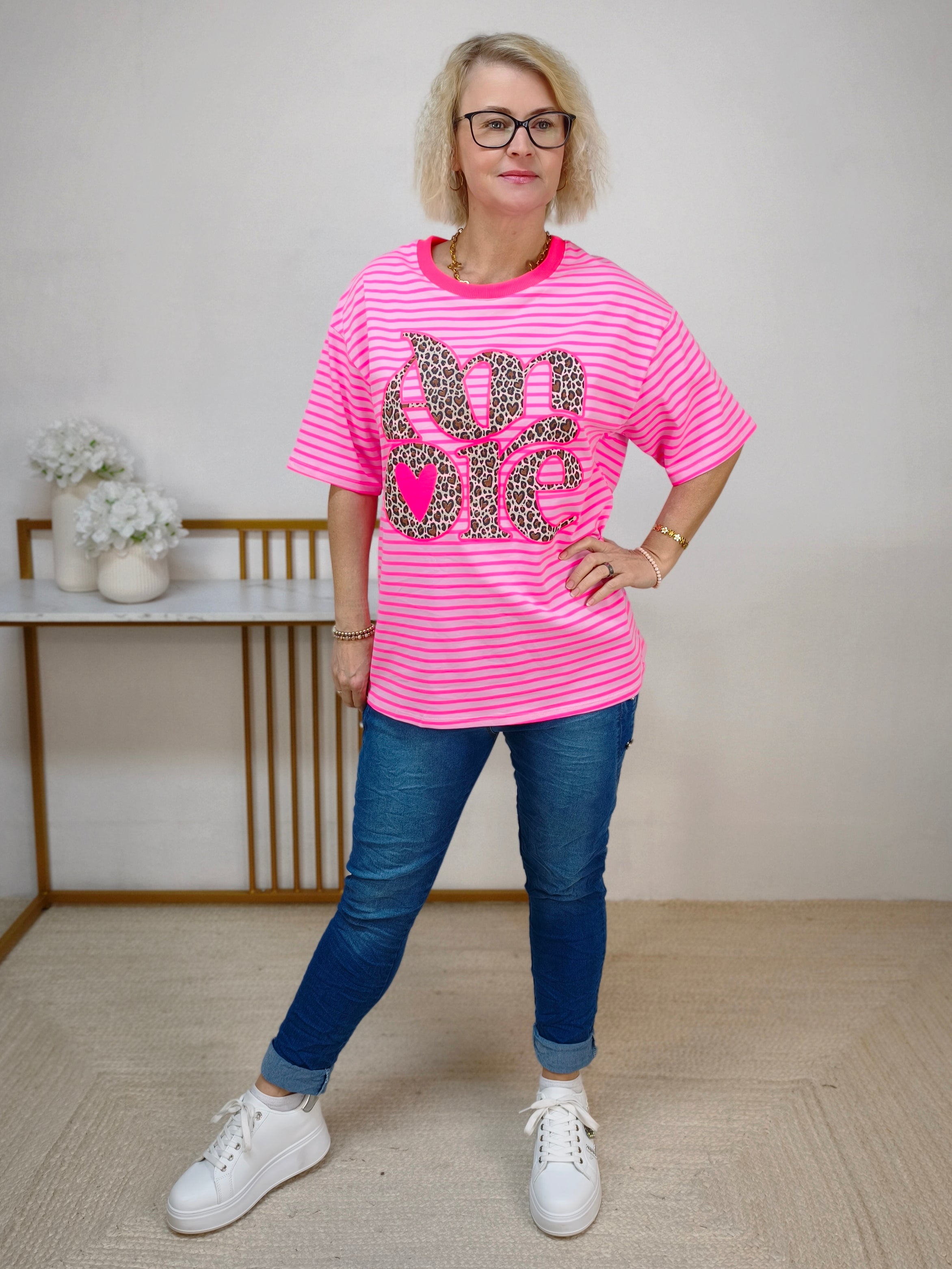 T-Shirt "Amore" rosa/pink gestreift mit Leo (38-42/44)