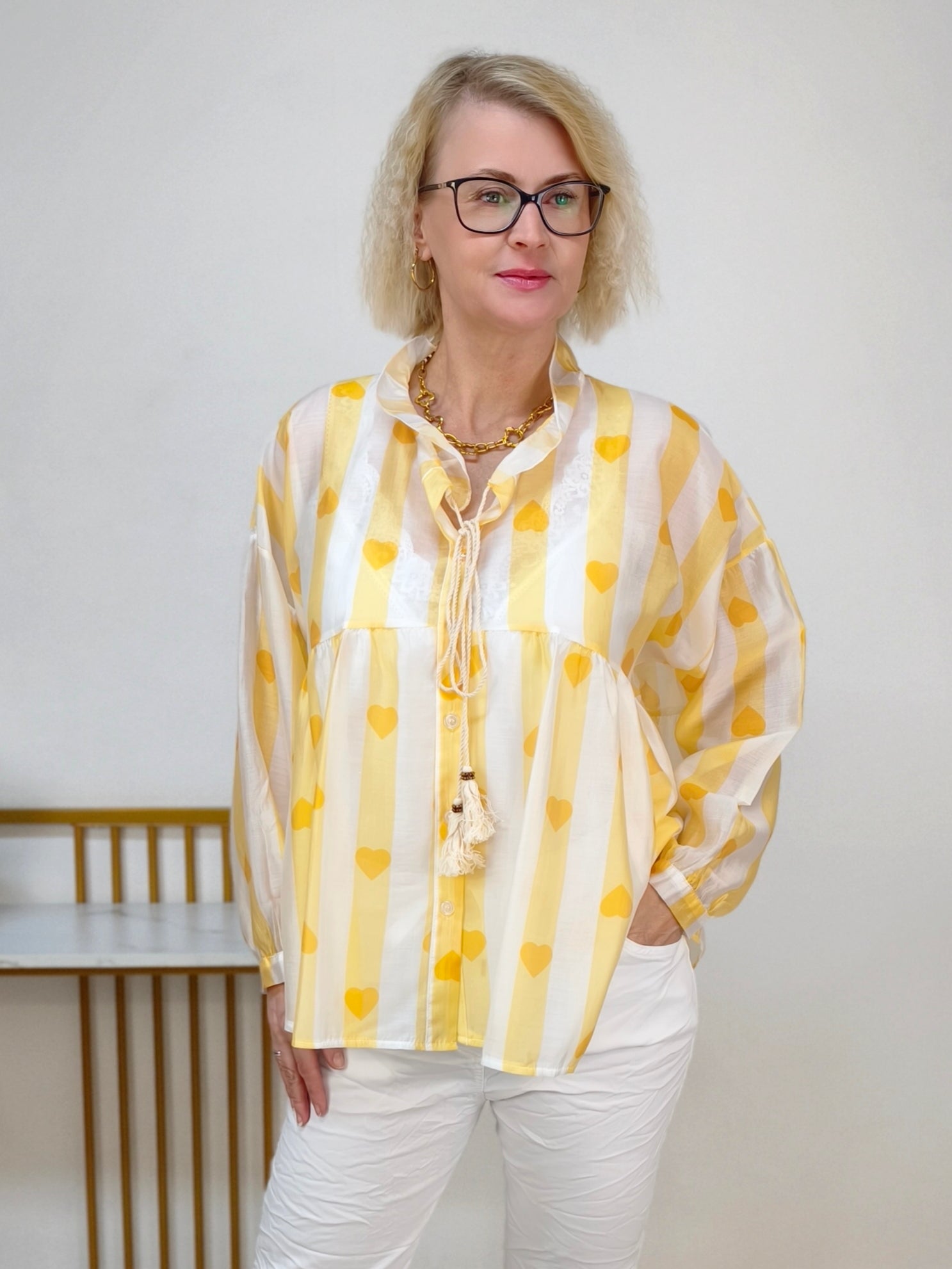 Baby Doll Bluse transparent wollweiss/gelb (38-42)