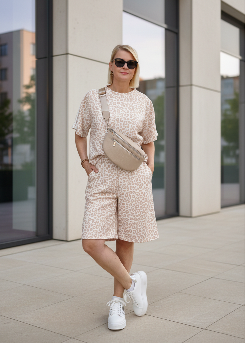 Zweiteiler Set - Shorts & Shirt in Leo Beige (36-42)