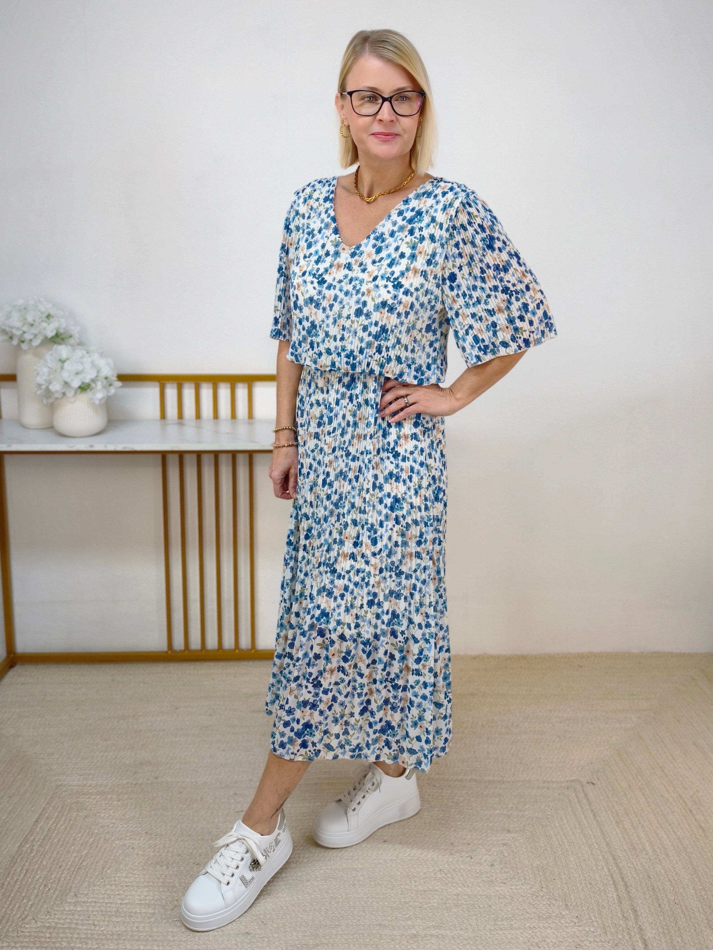 Midi Kleid "Madeleine" weiss/blau (38-42)