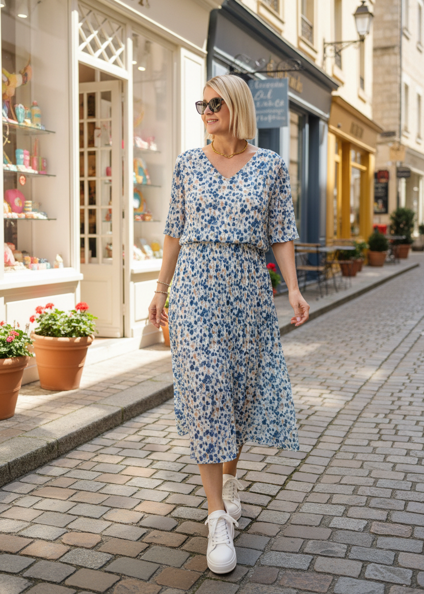 Midi Kleid "Madeleine" weiss/blau (38-42)