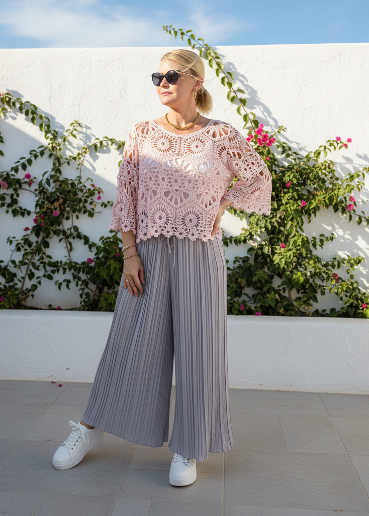 Leichter Häkelpullover im Boho Style rosa (38-42)