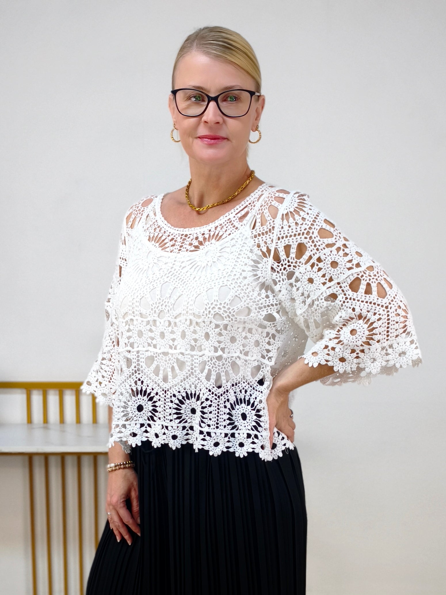 Leichter Häkelpullover im Boho Style weiss (38-42)