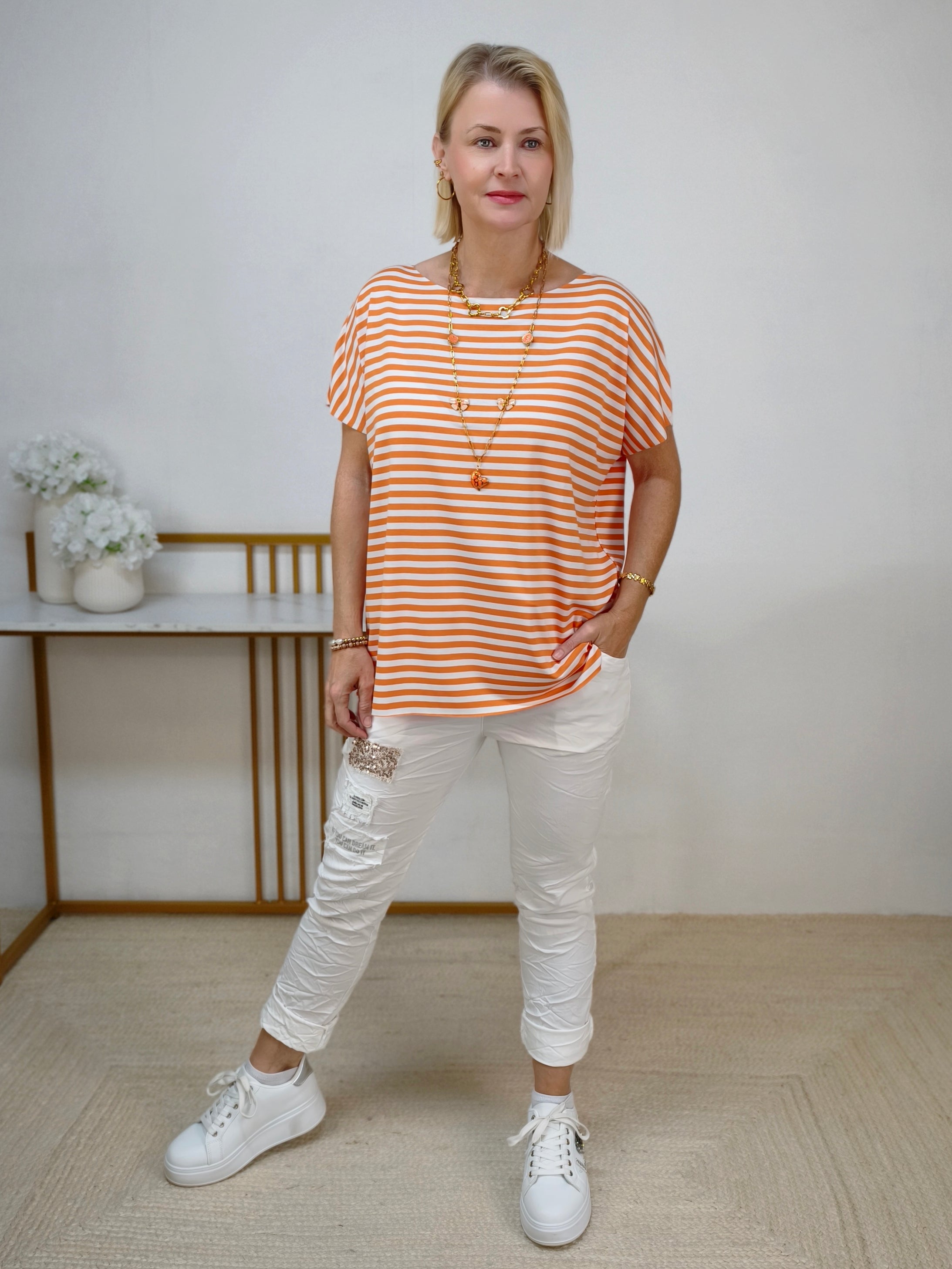 Leichtes Shirt gestreift in weiss/orange (38-42/44)