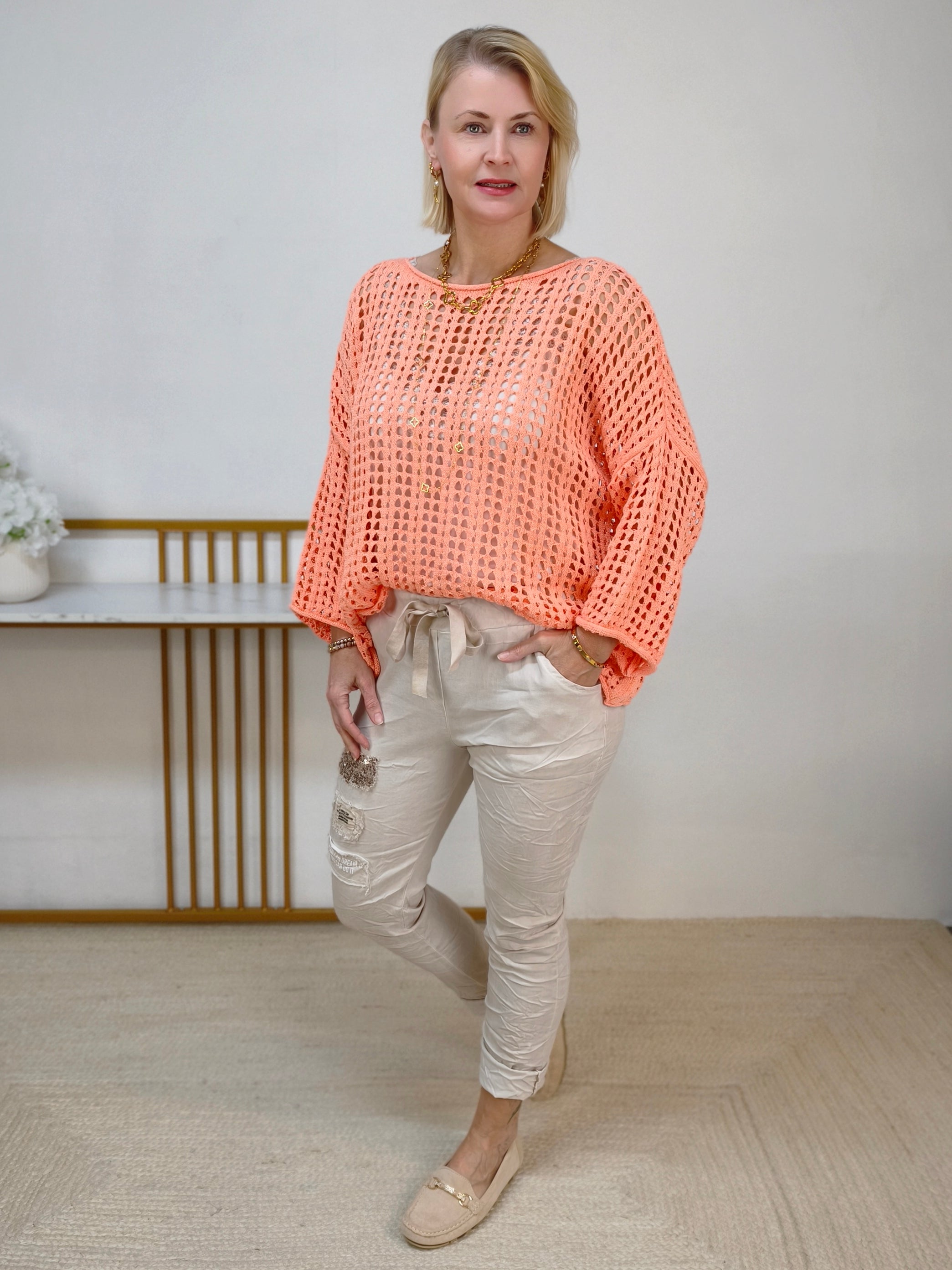Leichter Lochstrick Pullover apricot (38-44)