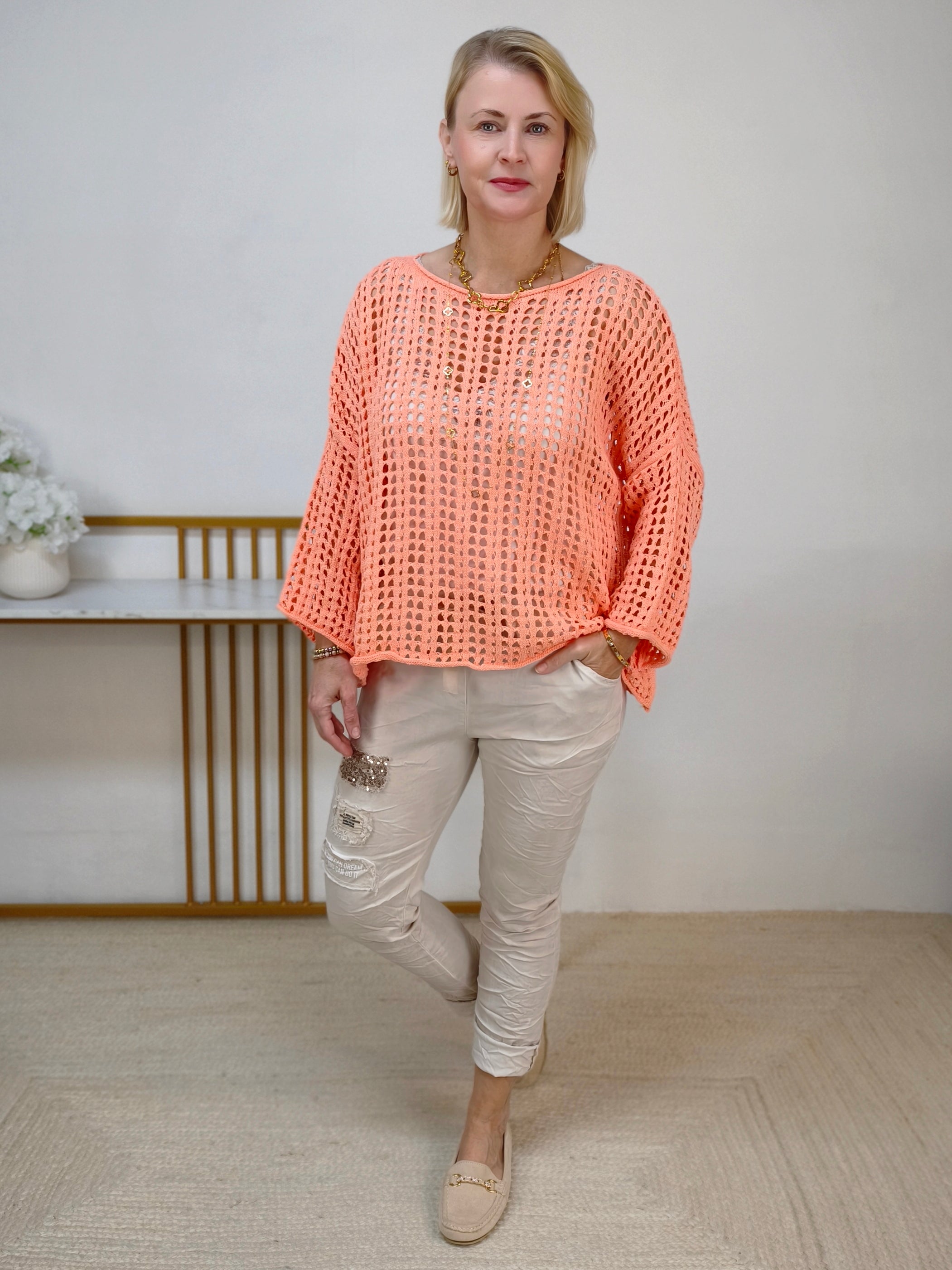 Leichter Lochstrick Pullover apricot (38-44)