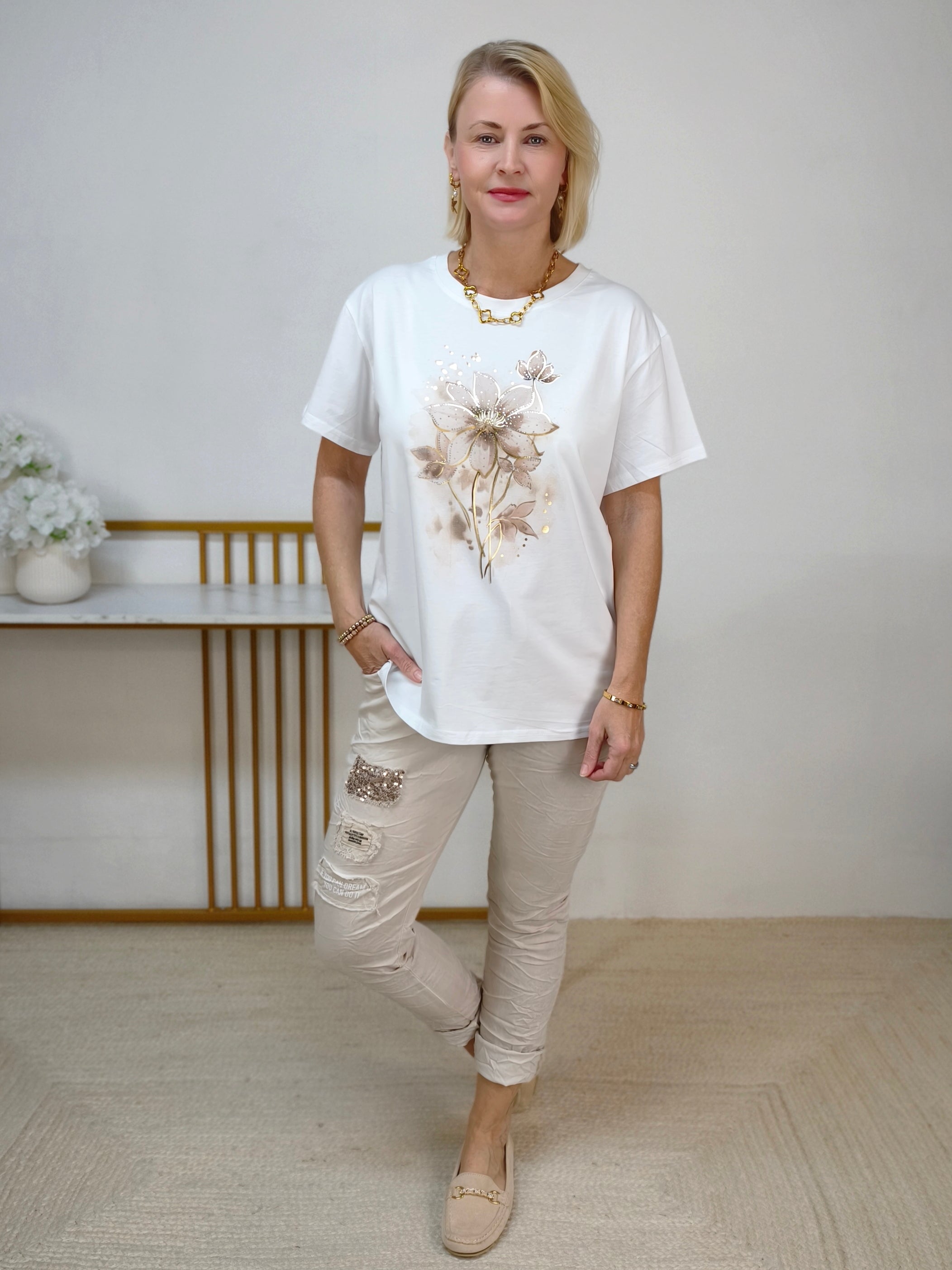 T-Shirt "Blume" weiss/beige (36-42)