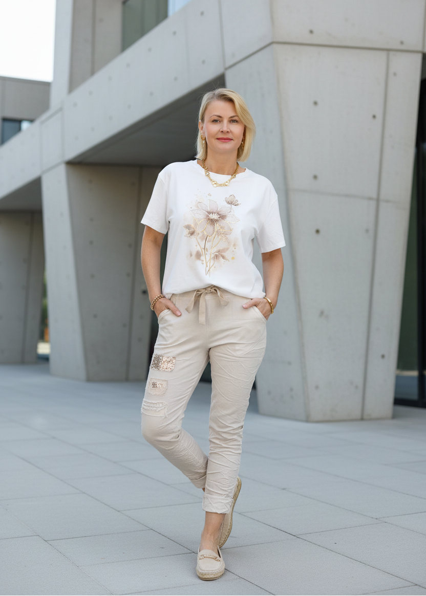 T-Shirt "Blume" weiss/beige (36-42)