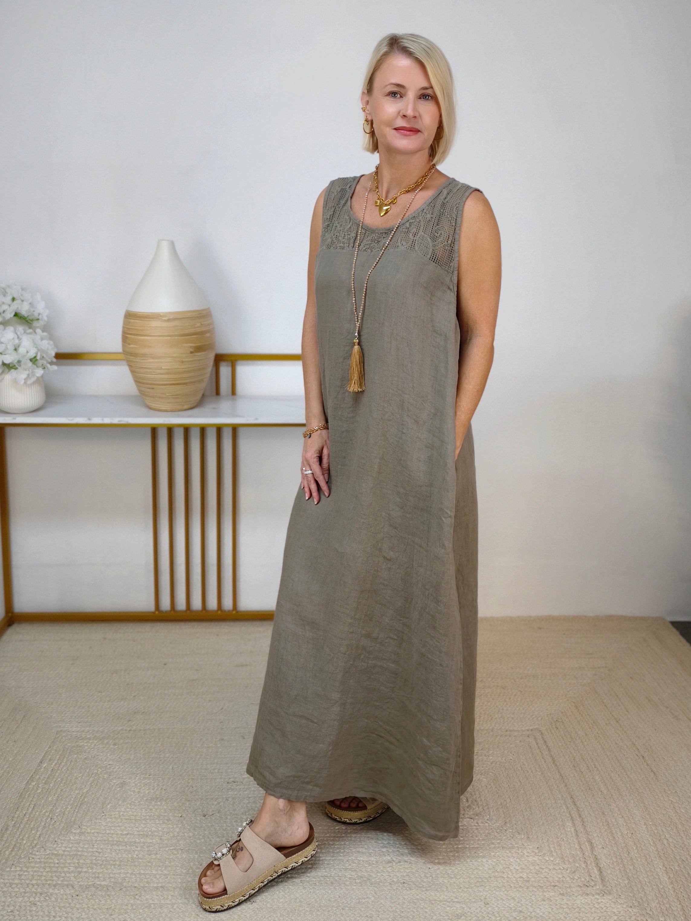 langes Leinenkleid "Hanna" taupe (42-44/46)