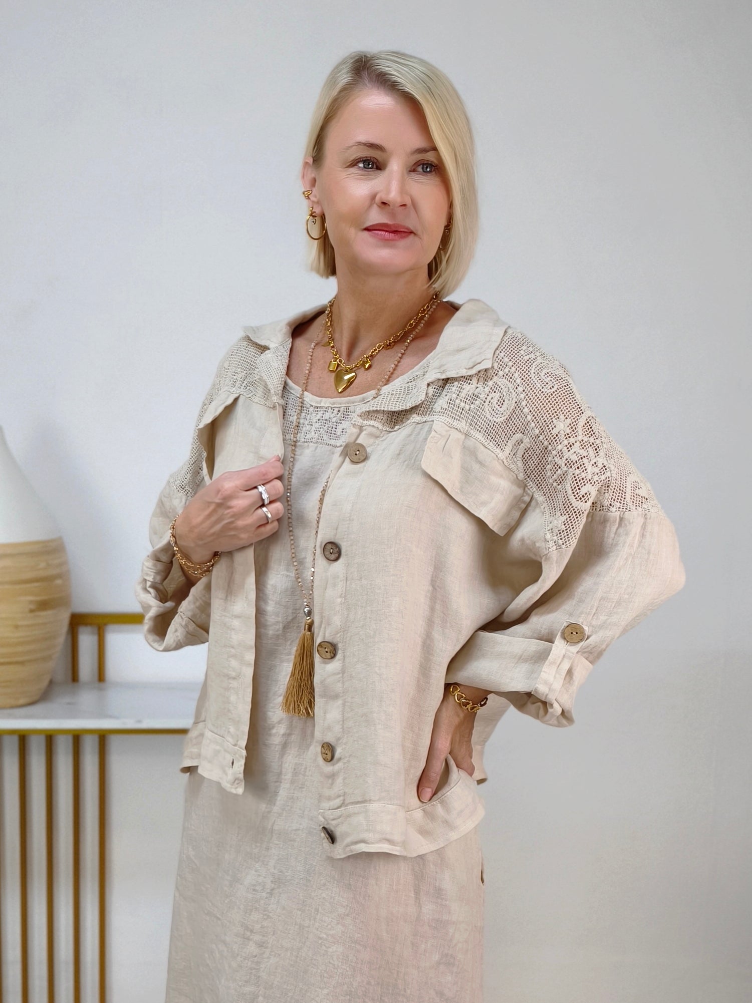 Leinen Blusen - Jacke "Hanna" beige (42-44/46)