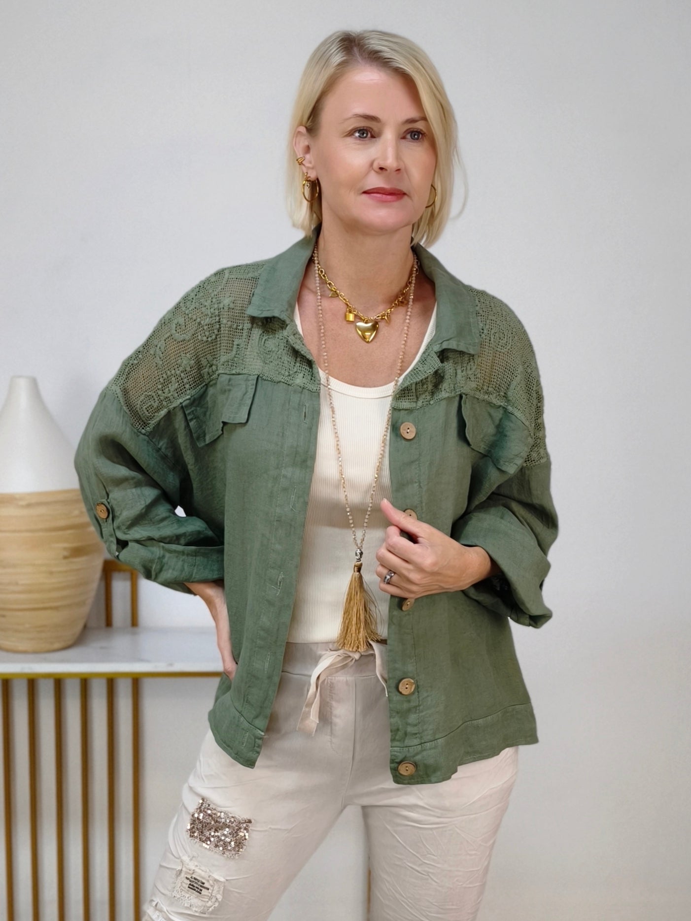 Leinen Blusen - Jacke "Hanna" khaki (42-44/46)