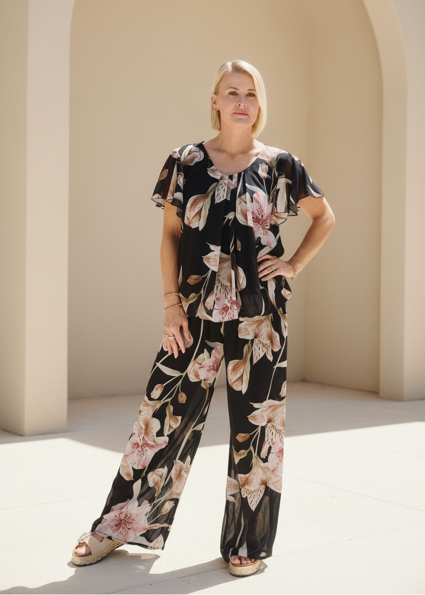 Zweiteiler Set "Betty" schwarz - Marlenehose & Bluse (36-42)