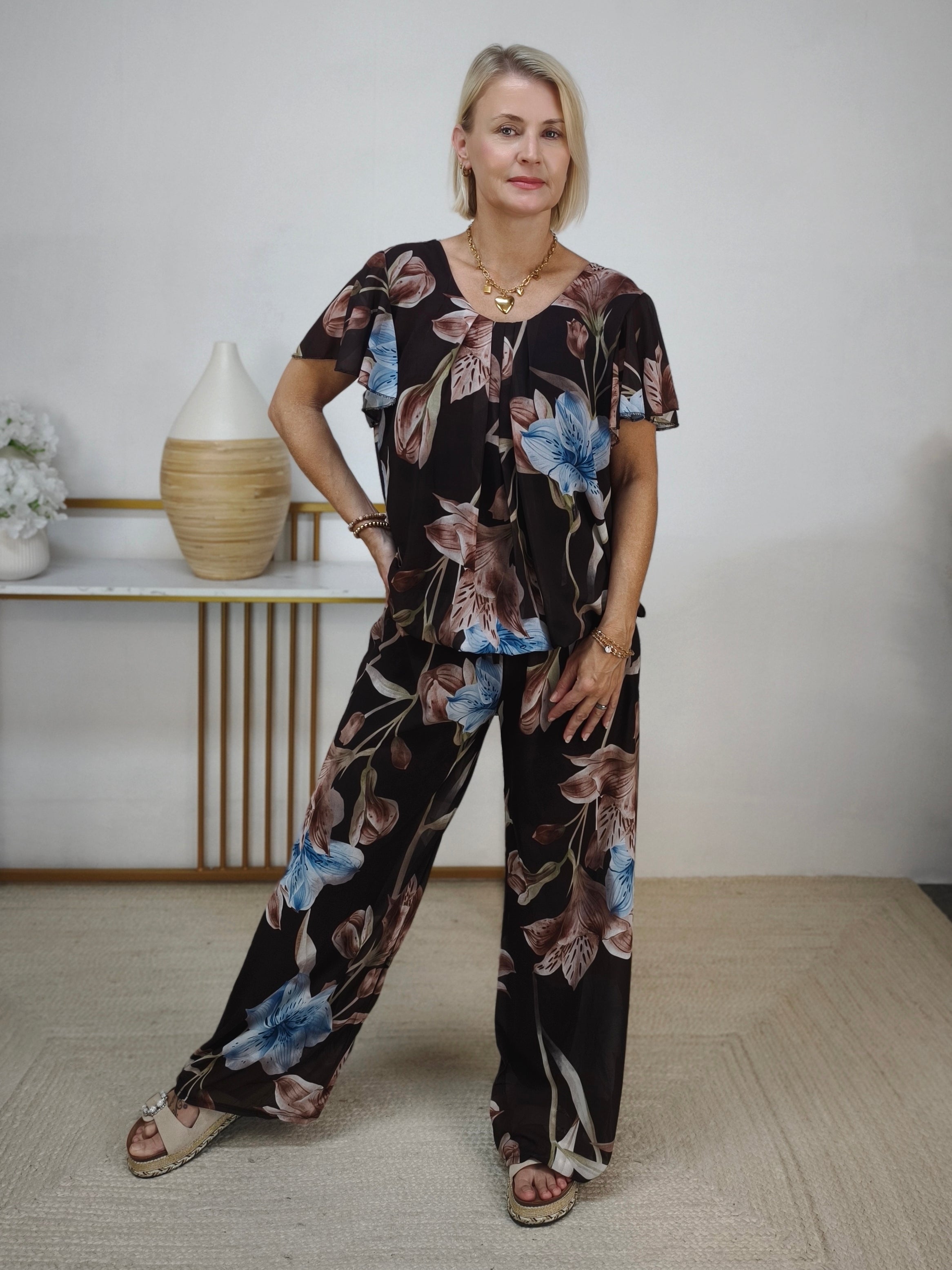 Zweiteiler Set "Betty" braun - Marlenehose & Bluse (36-42)