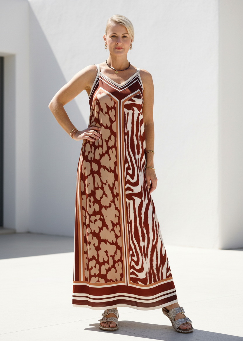 Gemustertes Trägerkleid "Sally" Braun (36-42)
