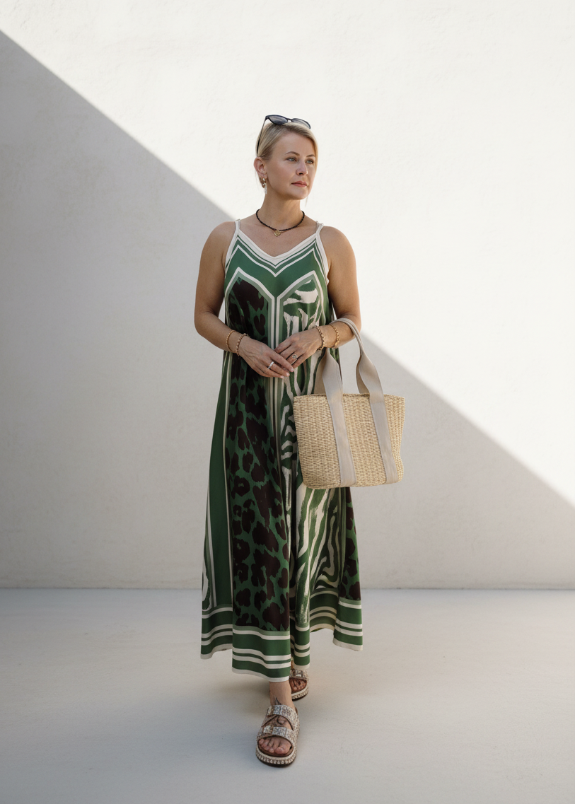 Gemustertes Trägerkleid "Sally" Khaki (36-42)