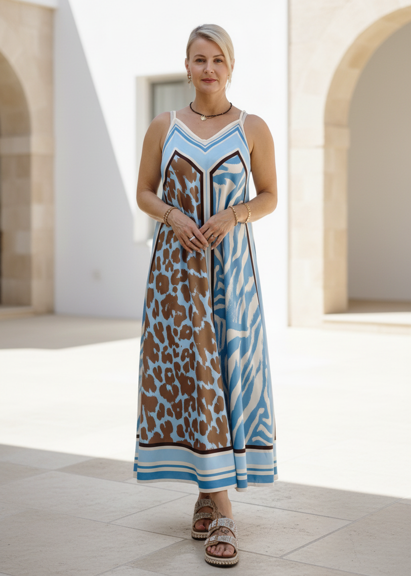 Gemustertes Trägerkleid "Sally" hellblau (36-42)