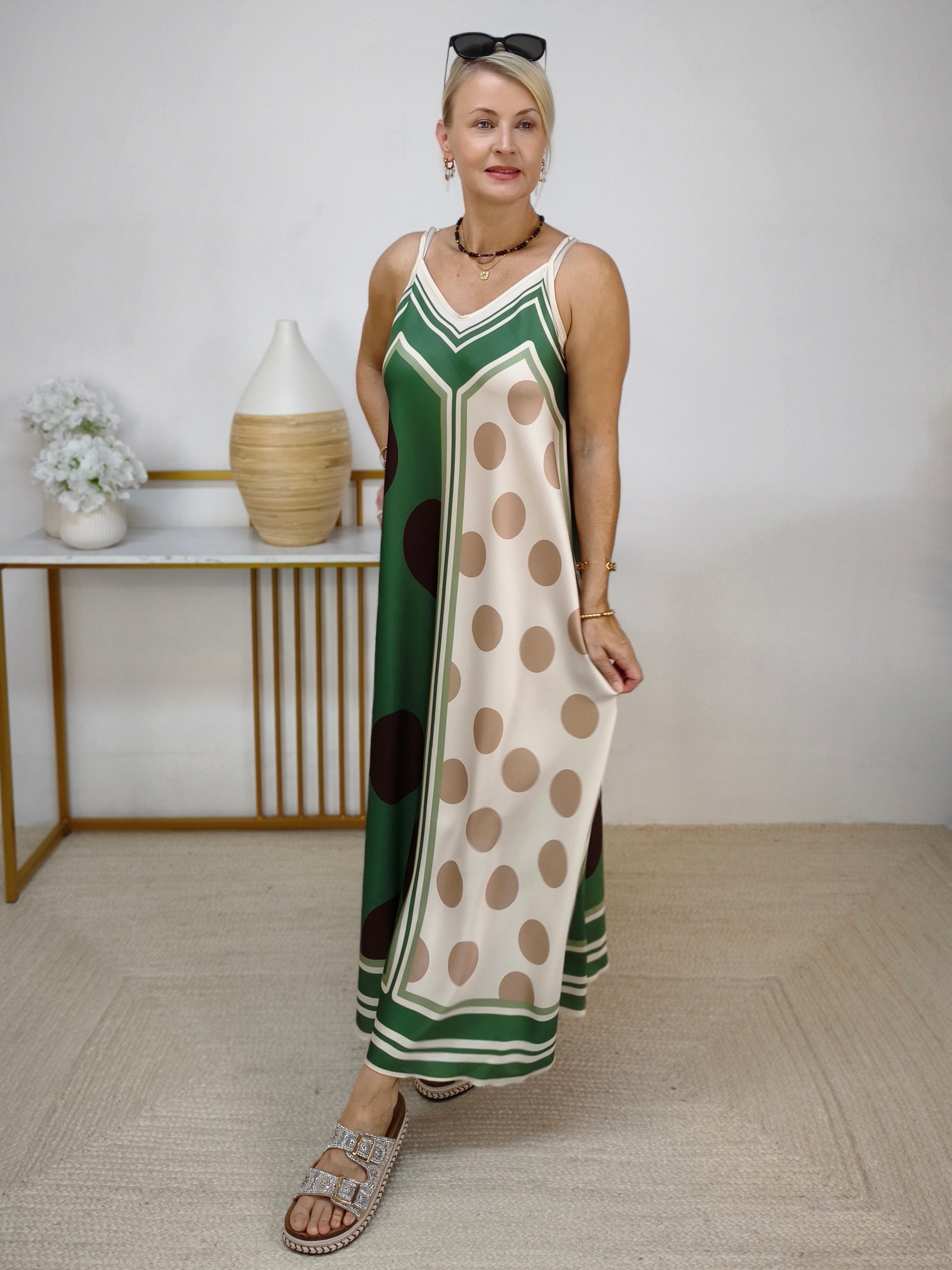 Gemustertes Trägerkleid - Sommerkleid Khaki - mehrfarbig (36-42)