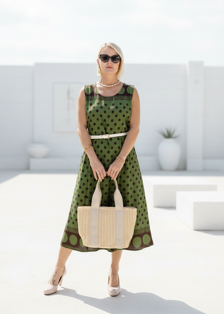 Midi Kleid mit Polka Dots in Khaki (38-42)