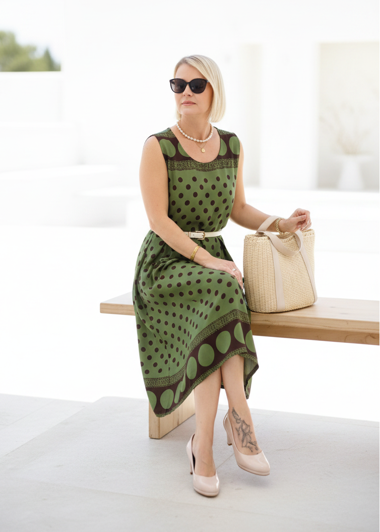 Midi Kleid mit Polka Dots in Khaki (38-42)