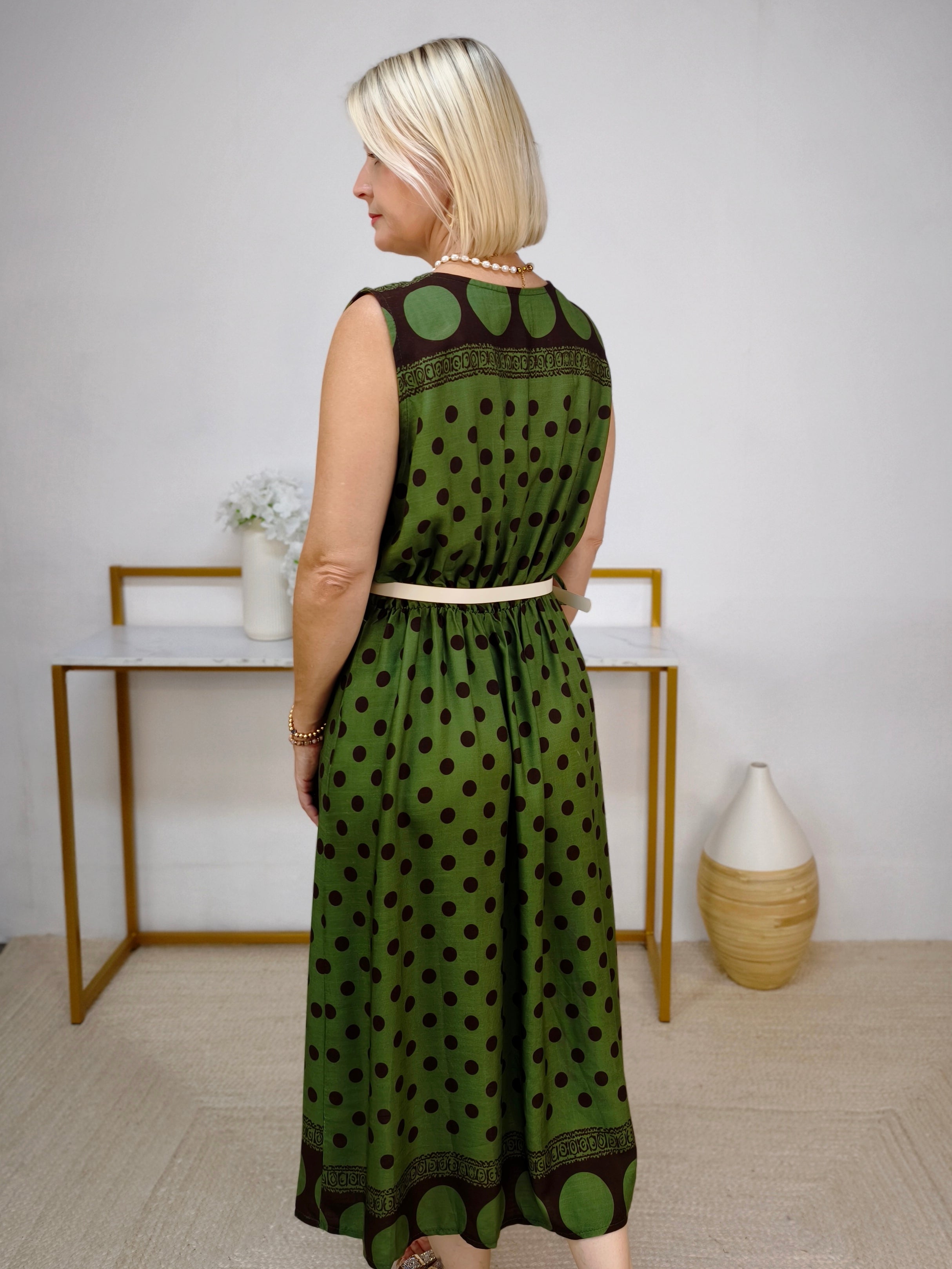 Midi Kleid mit Polka Dots in Khaki (38-42)