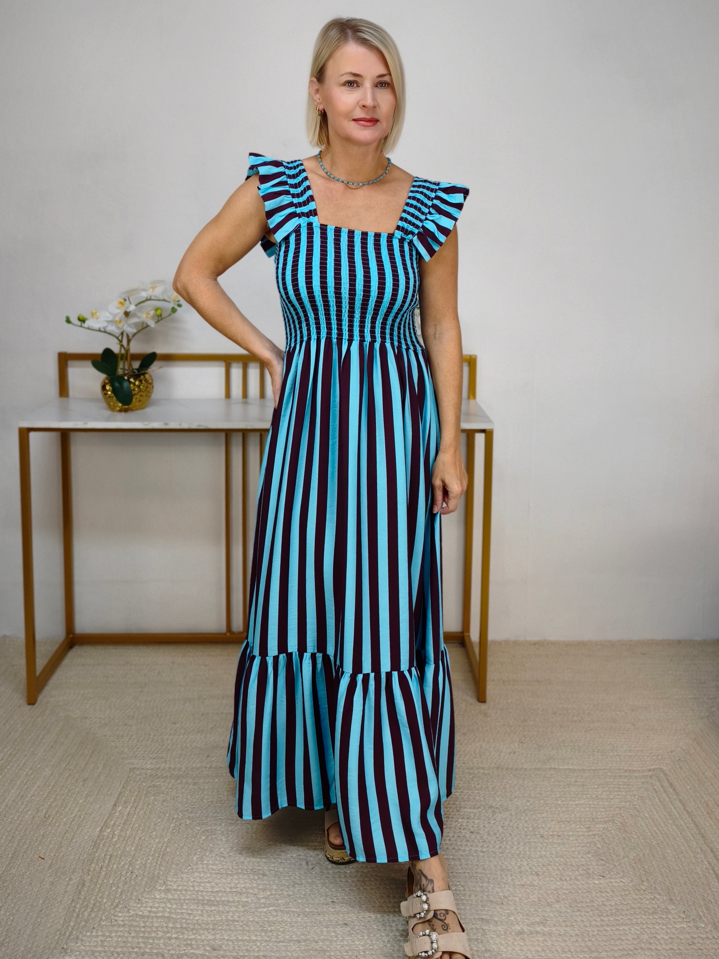 Gestreiftes Maxikleid Türkis/Aubergine (36/38, 40/42)