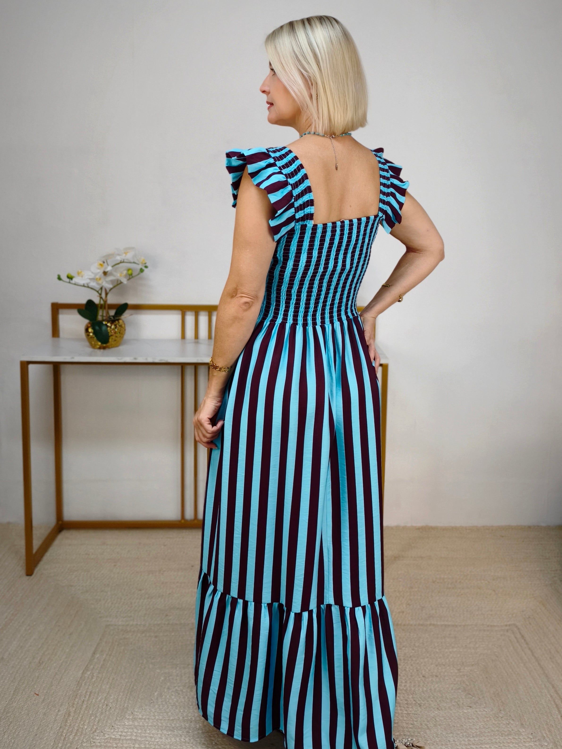 Gestreiftes Maxikleid Türkis/Aubergine (36/38, 40/42)