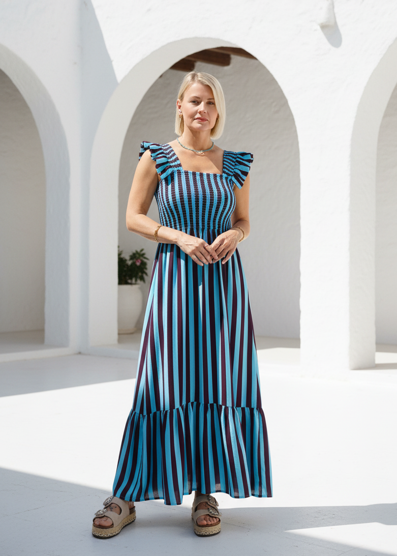 Gestreiftes Maxikleid Türkis/Aubergine (36/38, 40/42)