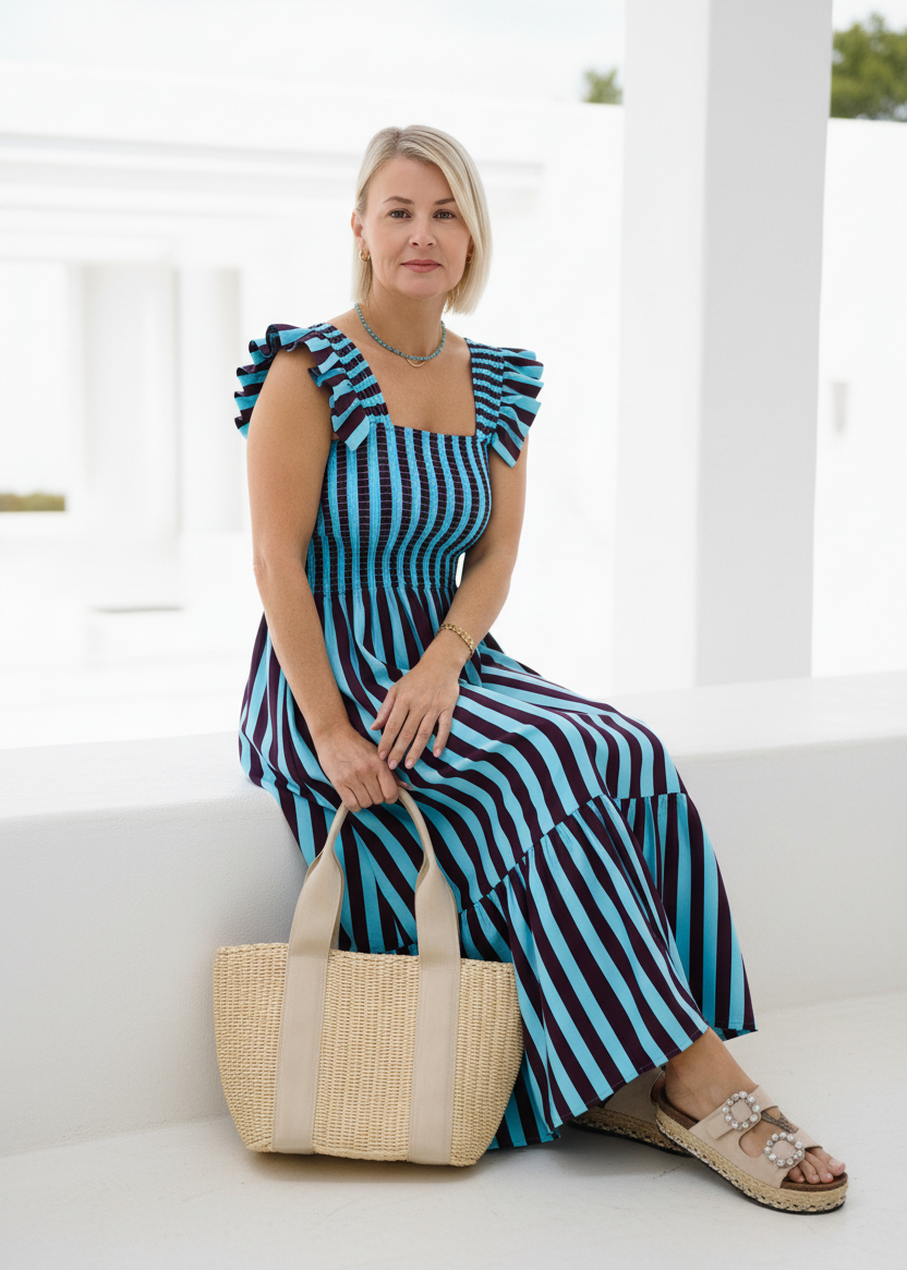 Gestreiftes Maxikleid Türkis/Aubergine (36/38, 40/42)