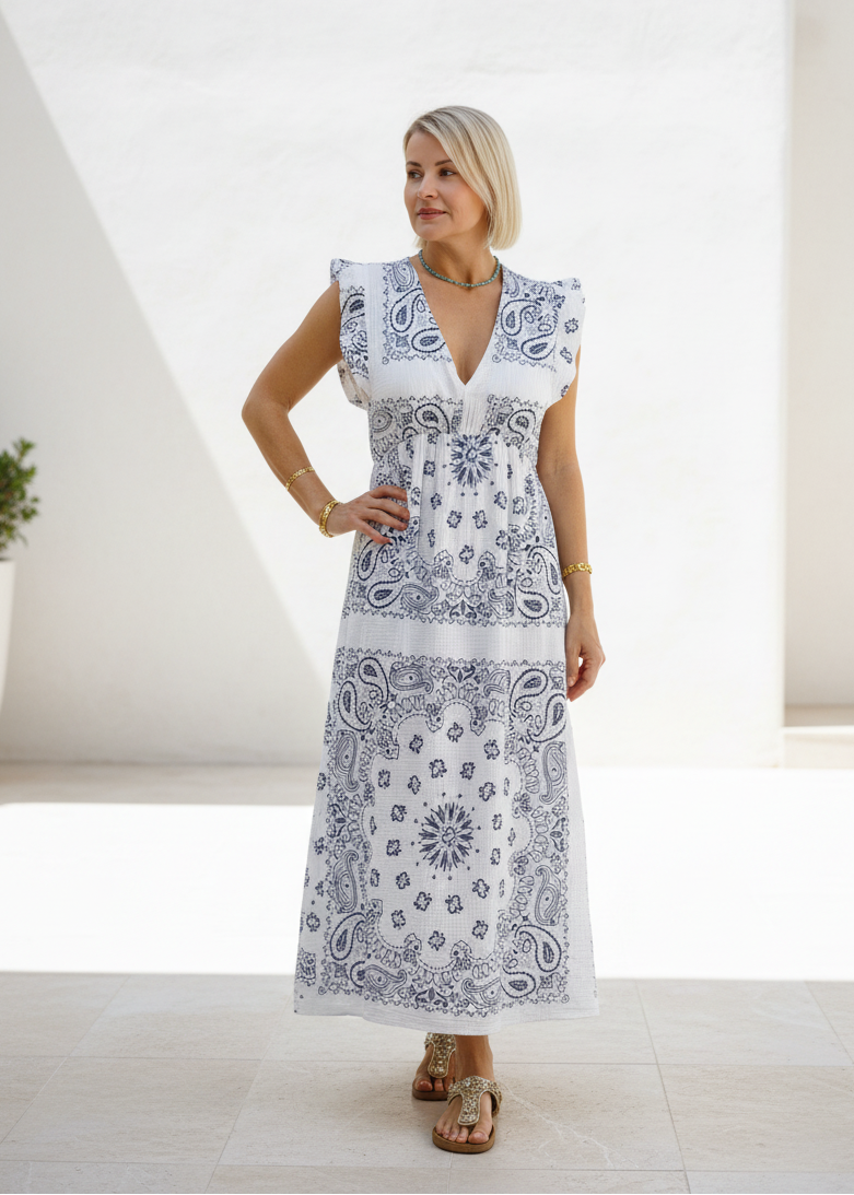 Bedrucktes Baumwollekleid in Weiss/Dunkelblau (38-42)