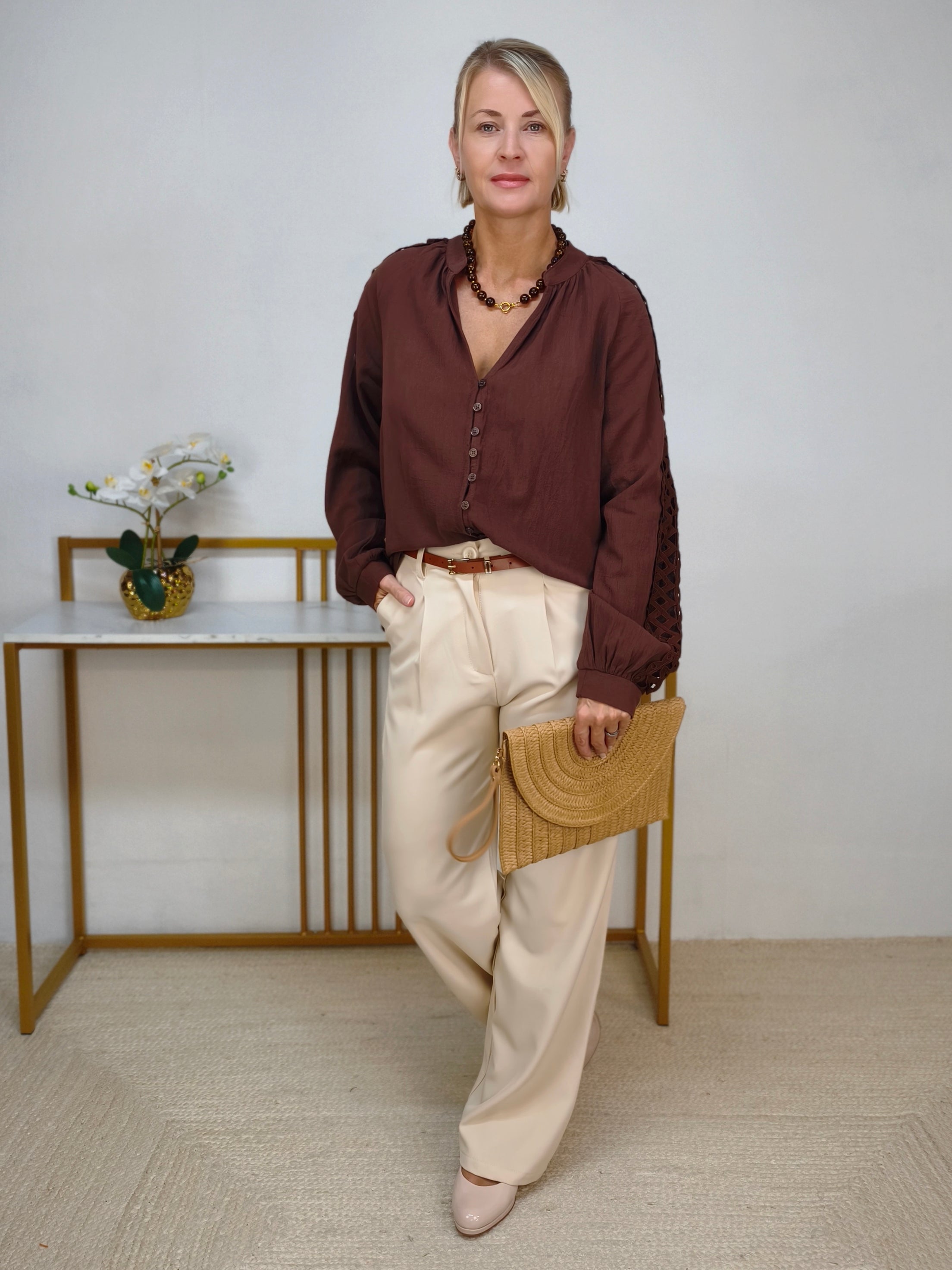 Fließende High-Waist-Hose Beige (36, 38, 40)