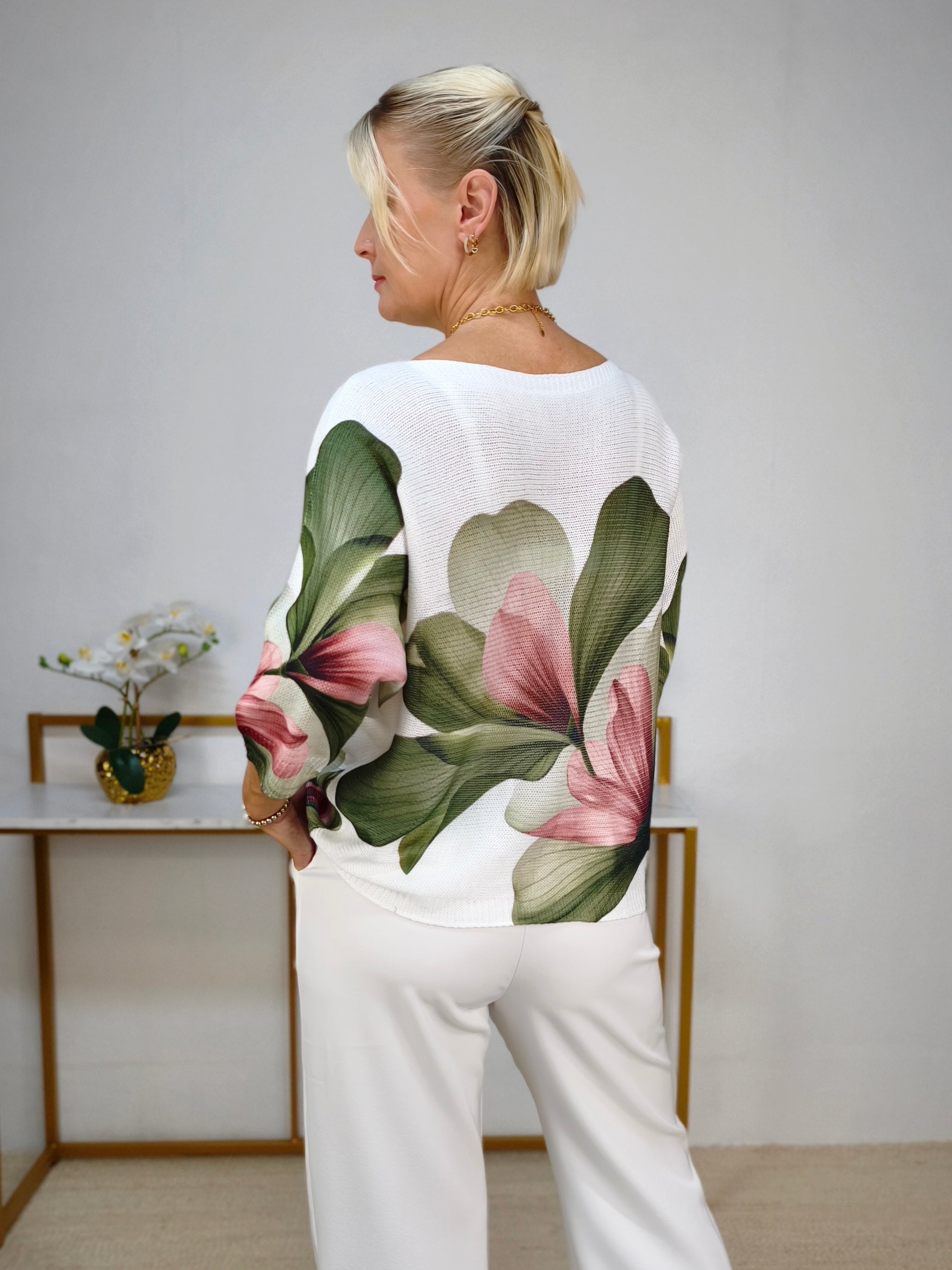 Leichter Pullover "Susanne" gemustert Weiss/Khaki 3/4 Arm (38-42)