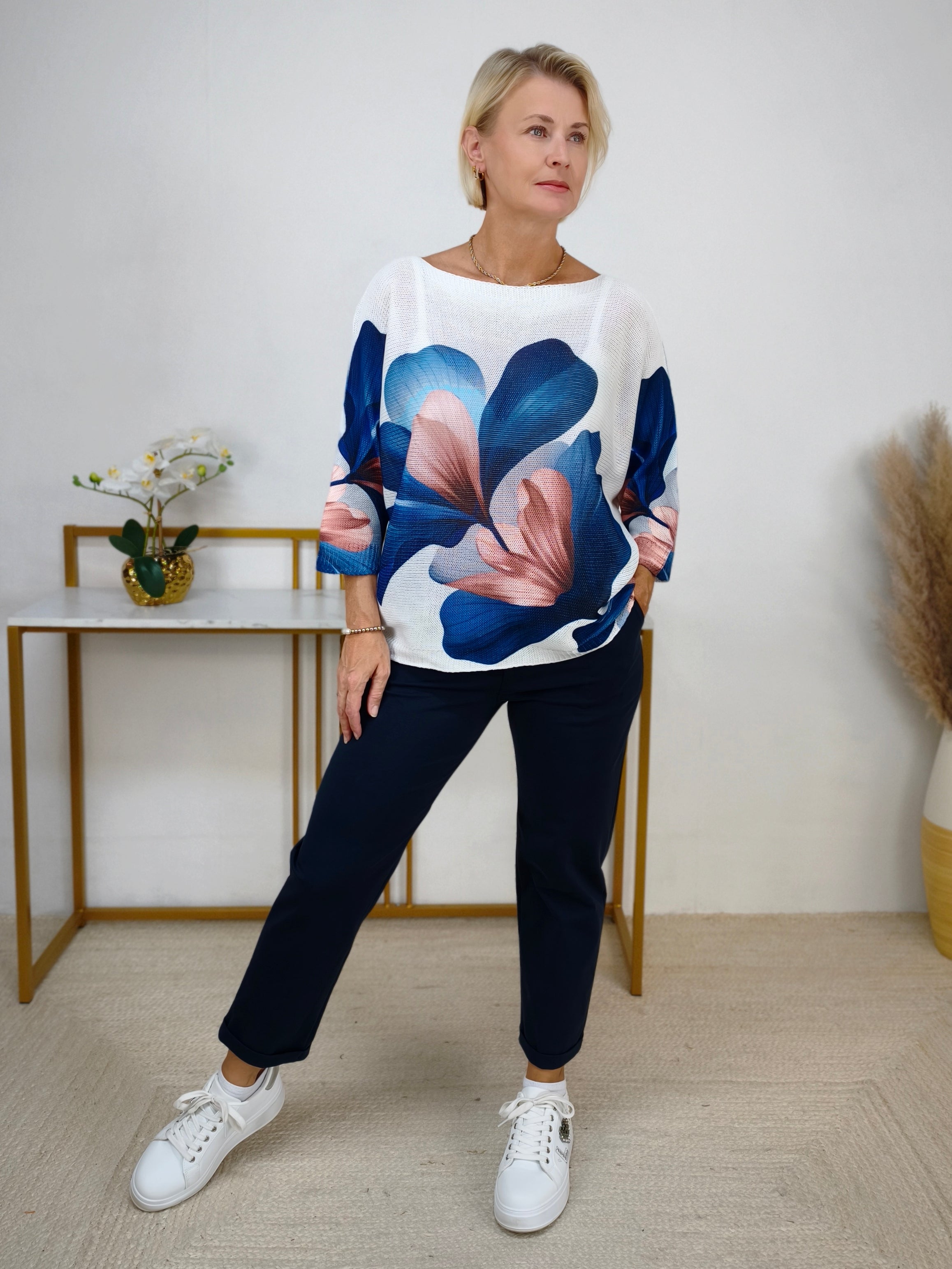 Leichter Pullover "Susanne" gemustert Weiss/Blau 3/4 Arm (38-42)