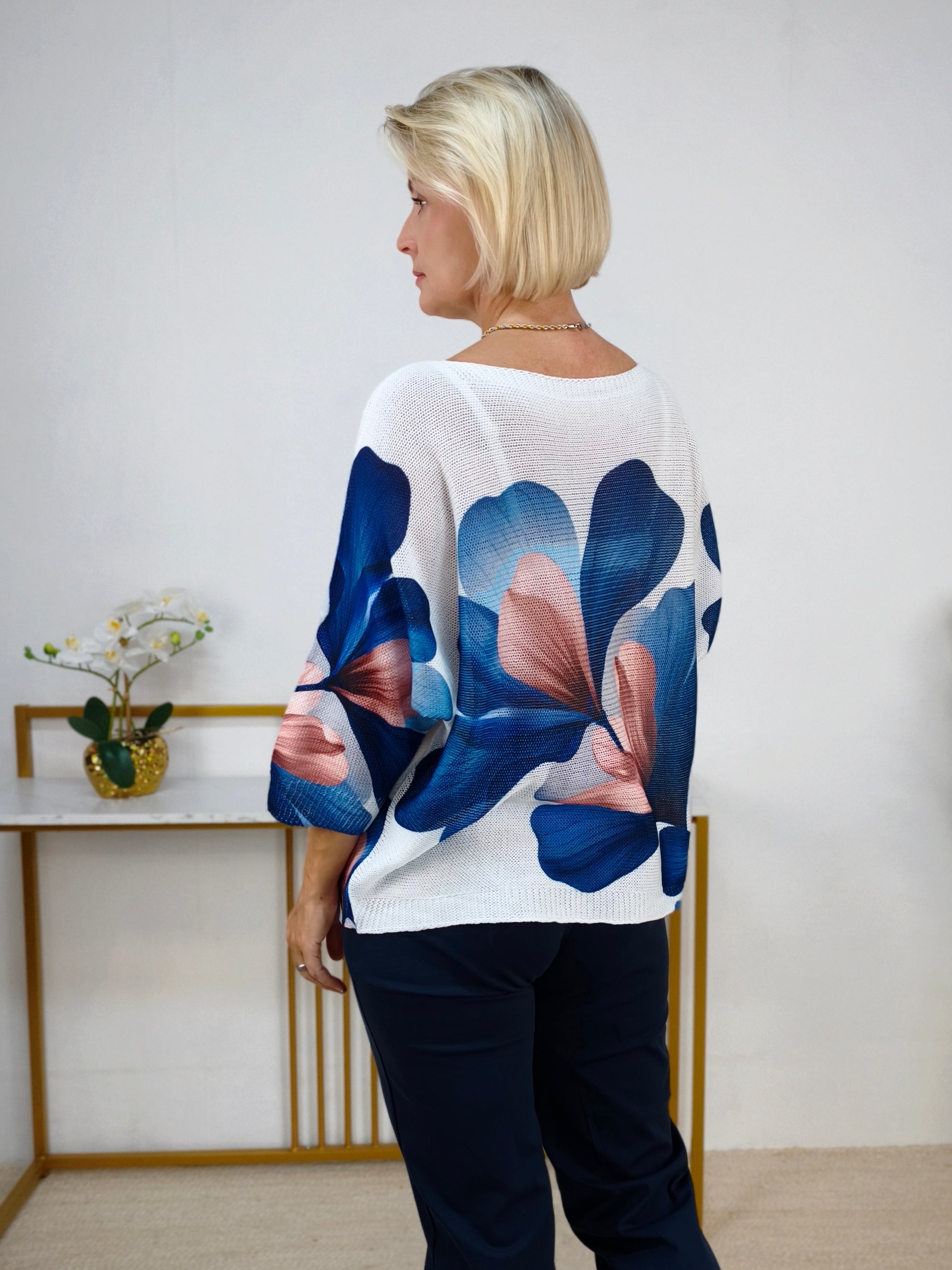Leichter Pullover "Susanne" gemustert Weiss/Blau 3/4 Arm (38-42)