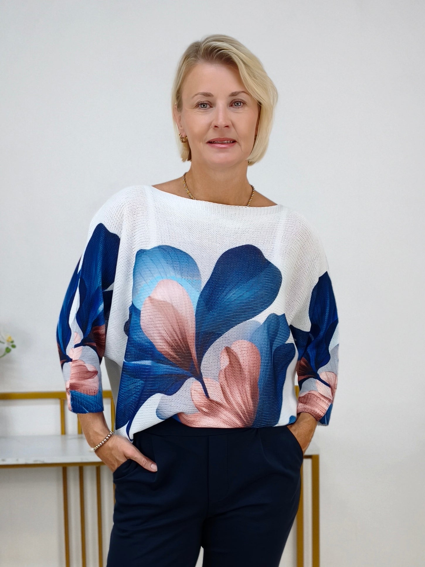 Leichter Pullover "Susanne" gemustert Weiss/Blau 3/4 Arm (38-42)