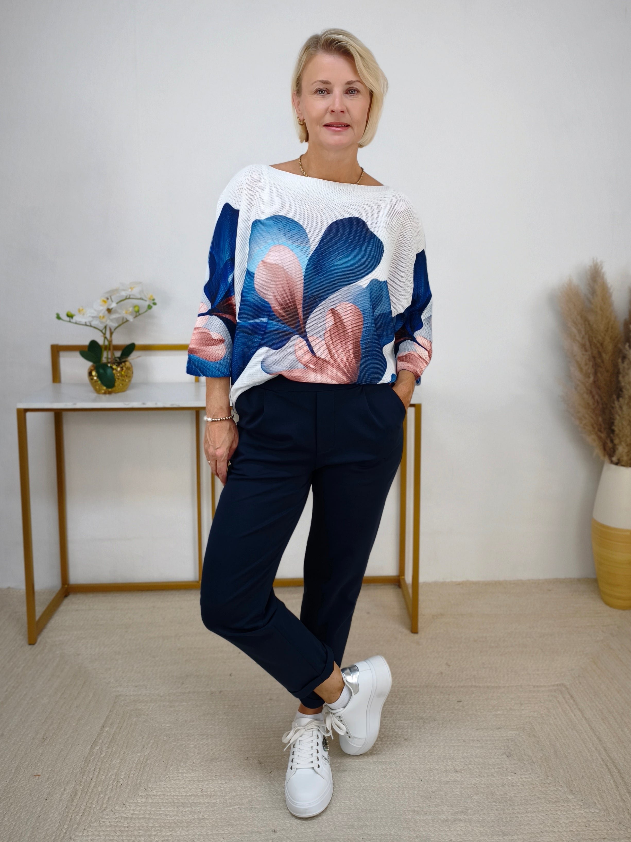 Leichter Pullover "Susanne" gemustert Weiss/Blau 3/4 Arm (38-42)