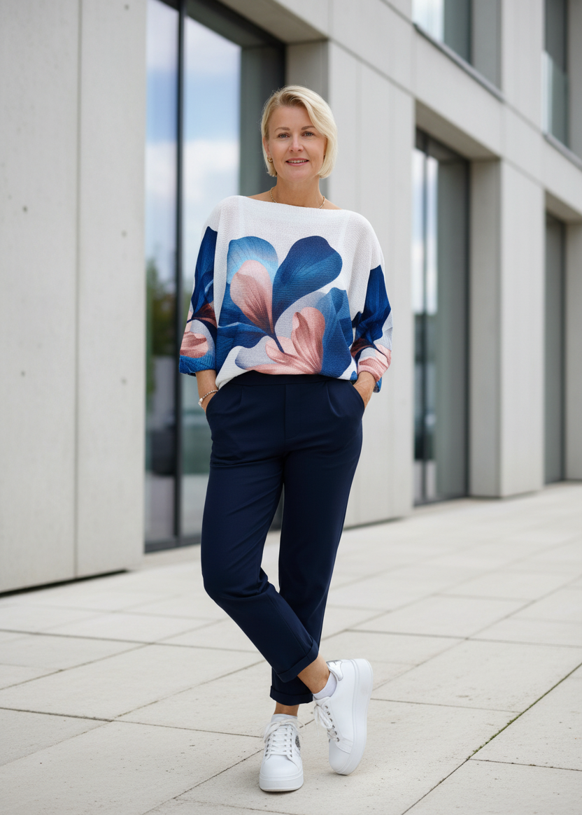Leichter Pullover "Susanne" gemustert Weiss/Blau 3/4 Arm (38-42)