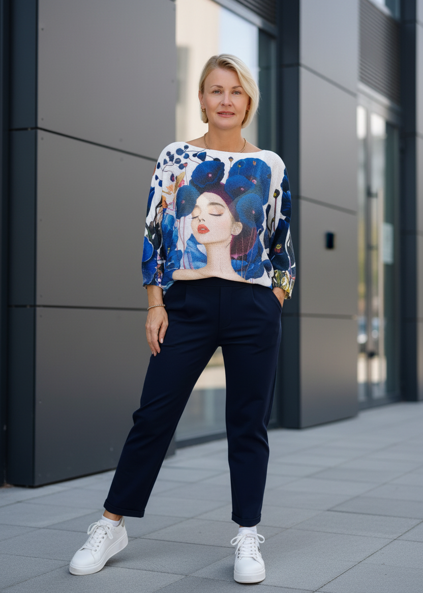 Leichter Pullover "Woman" gemustert Weiss/Blau 3/4 Arm (38-42)