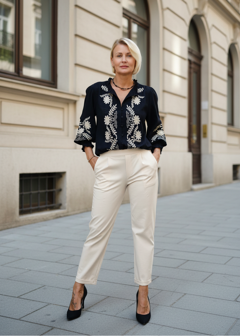 Damenbluse "Nora" mit Blumenstickerei in Schwarz (38, 40, 42)